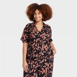 A New Day Womens M Medium Button-Down Camp Shirt  Linen Short Sleeve Blouse